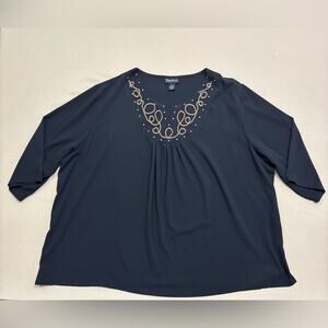 Maggie Barnes Women's Flowy Black Short Sleeve Top with Gold Embroidery Size 3X